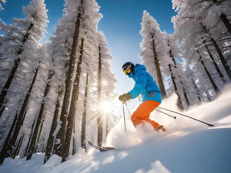 Person beim Skifahren, schneebedeckte Bäume im Hintergrund