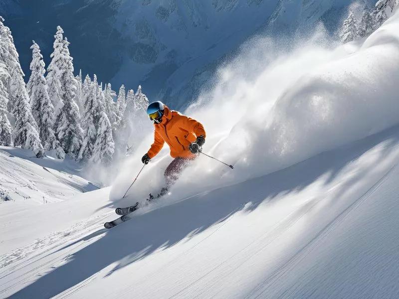 Person beim Skifahren, schneebedeckte Bäume im Hintergrund